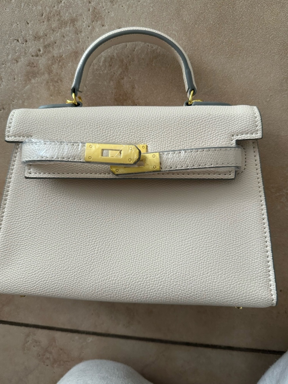 Cream Structured Top-Handle Women's Bag with Gold Hardware